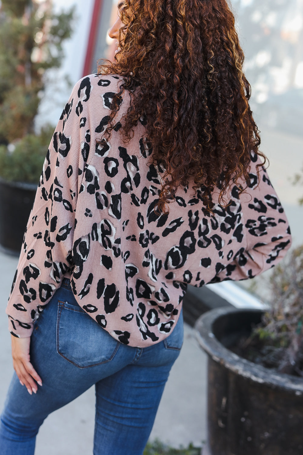 Be Bold Beige Rib Animal Print Button Placard Dolman Pullover