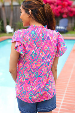 Eyes On You Fuchsia Boho Ikat Print Frill Notch Neck Top