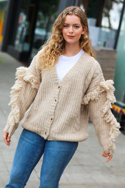 Weekend Ready Oatmeal V Neck Fringe Chunky Cable Cardigan