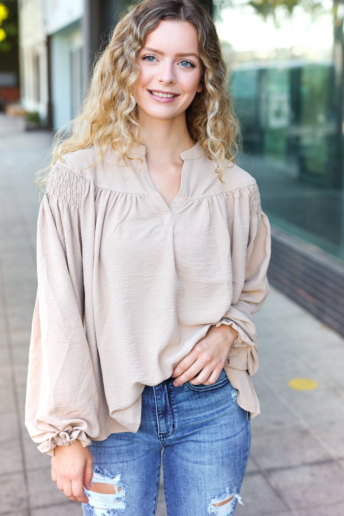 Boho Vibes Taupe Notched Neck Smocked Bubble Sleeve Top