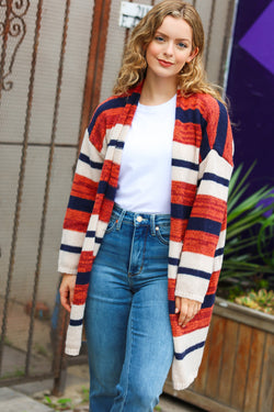 Put Together Rust & Navy Striped Pocketed Cardigan