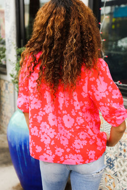 New Day Red Ribbon Bow Detail Floral Woven Blouse