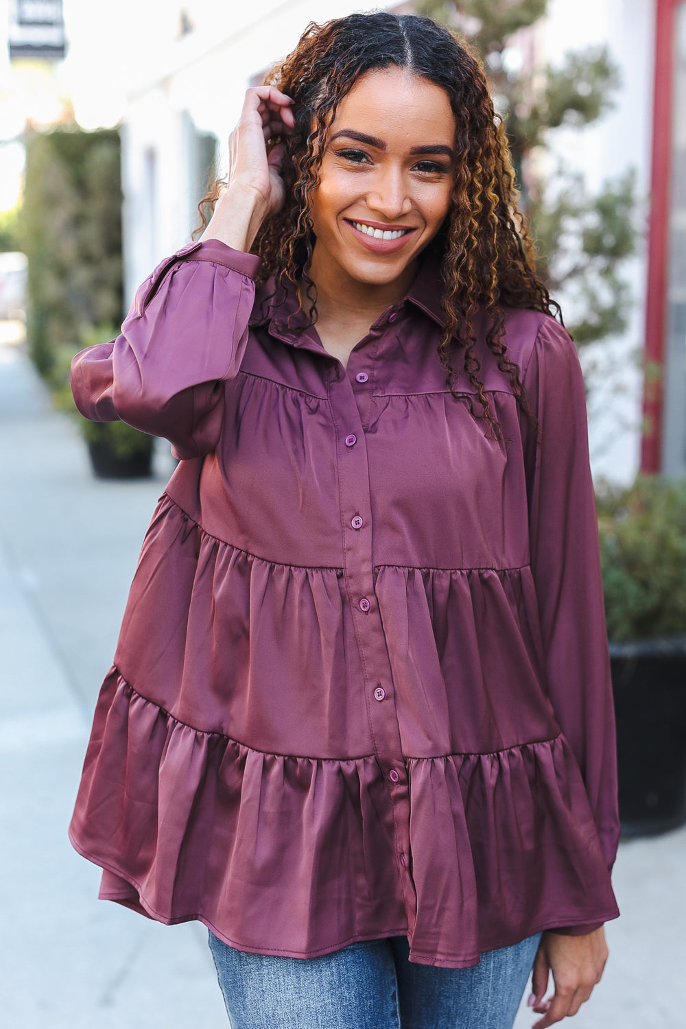 Perfectly You Burgundy Button Down Tiered Babydoll Satin Top