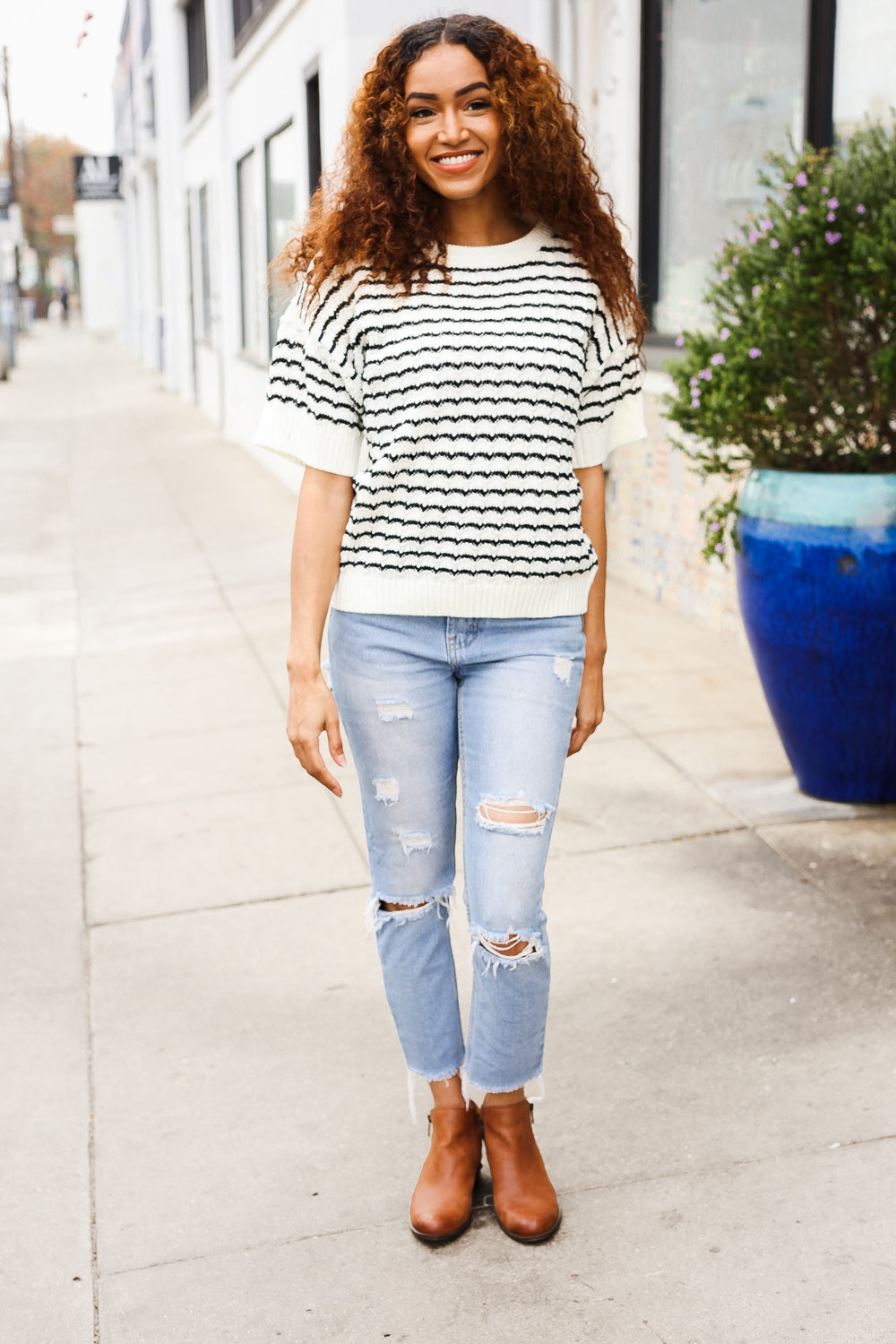 You've Got This Ivory & Black Wavy Stripe Pattern Sweater Top