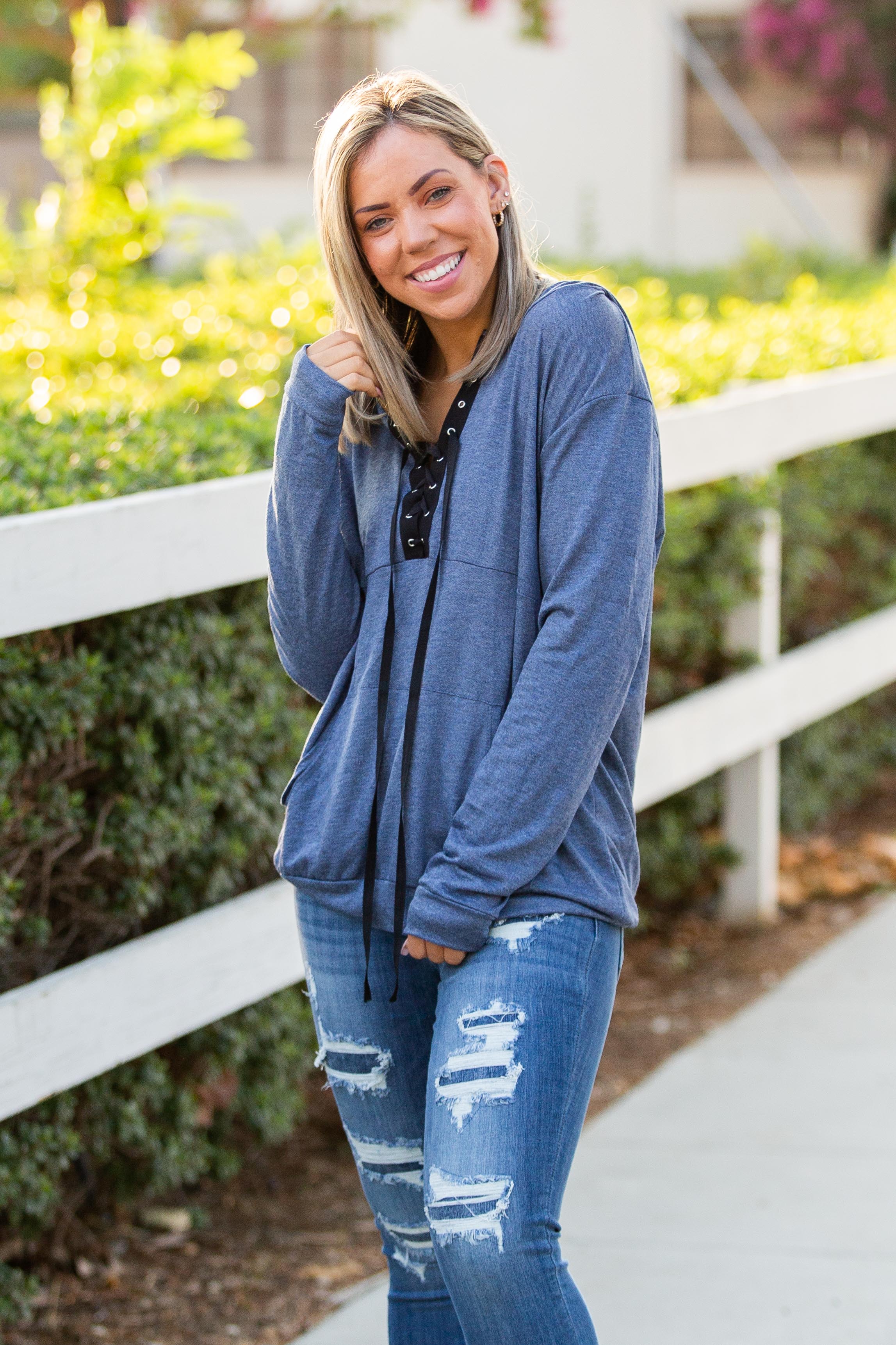 Chambray Lace Up Hoodie