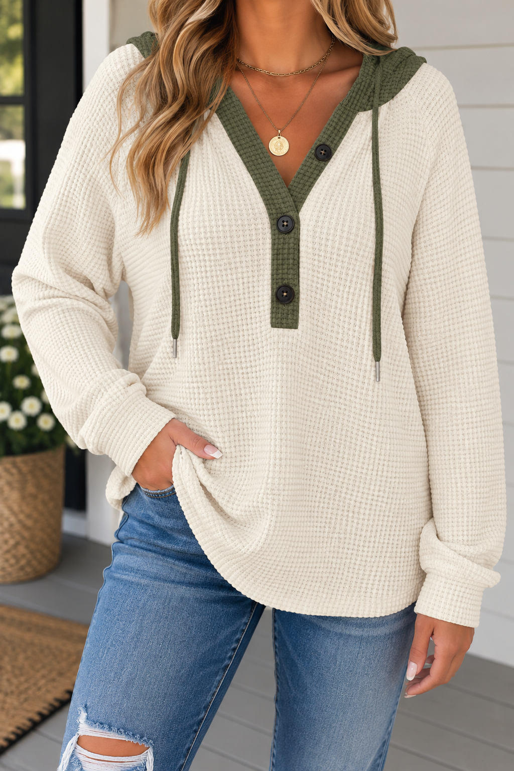 Waffle Buttoned Pullover Top WTW