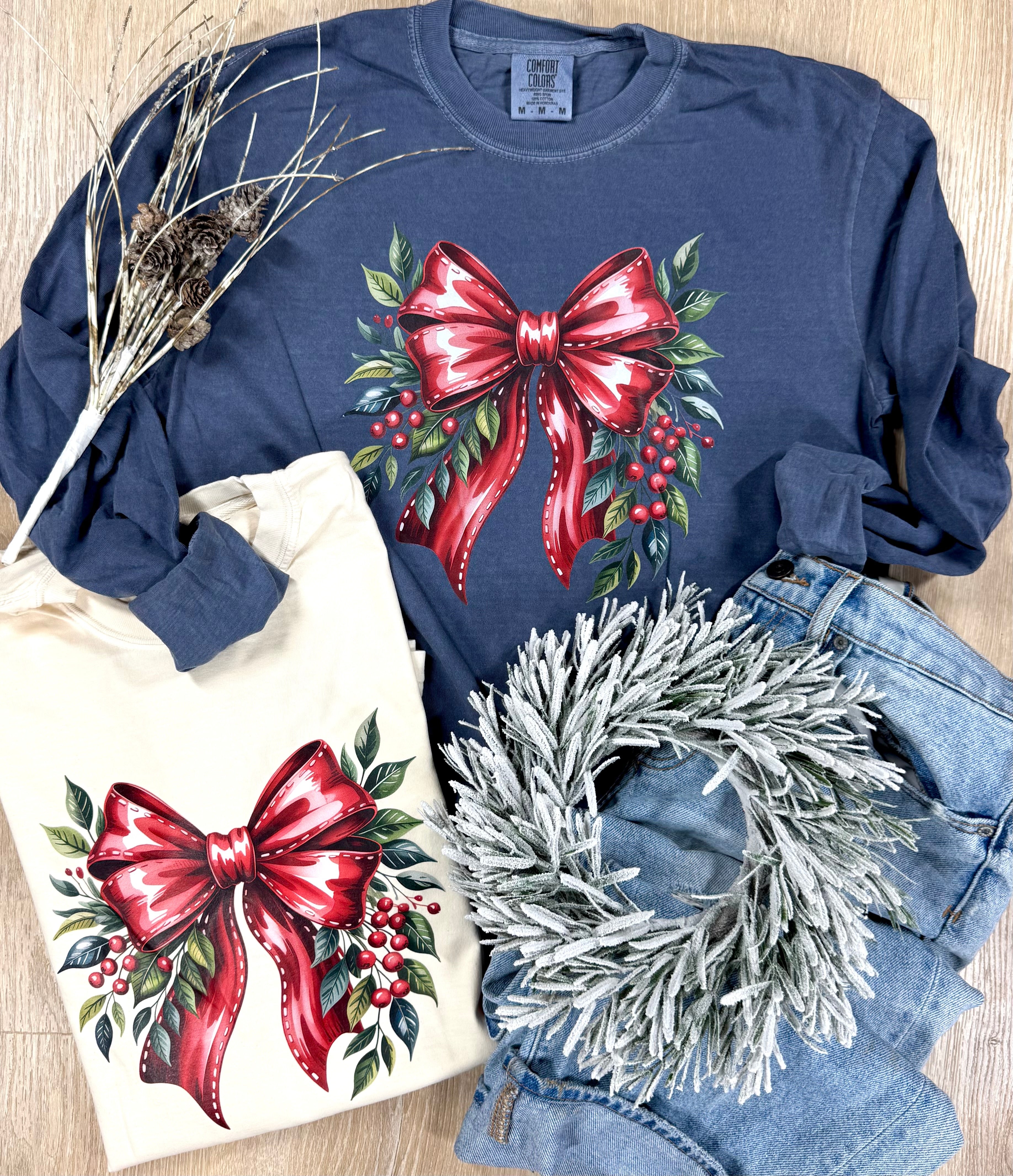 Mistletoe Bow Short or Long Sleeve Graphic Tees