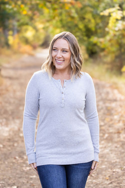 Brielle Henley Ribbed Long Sleeve - Light Grey