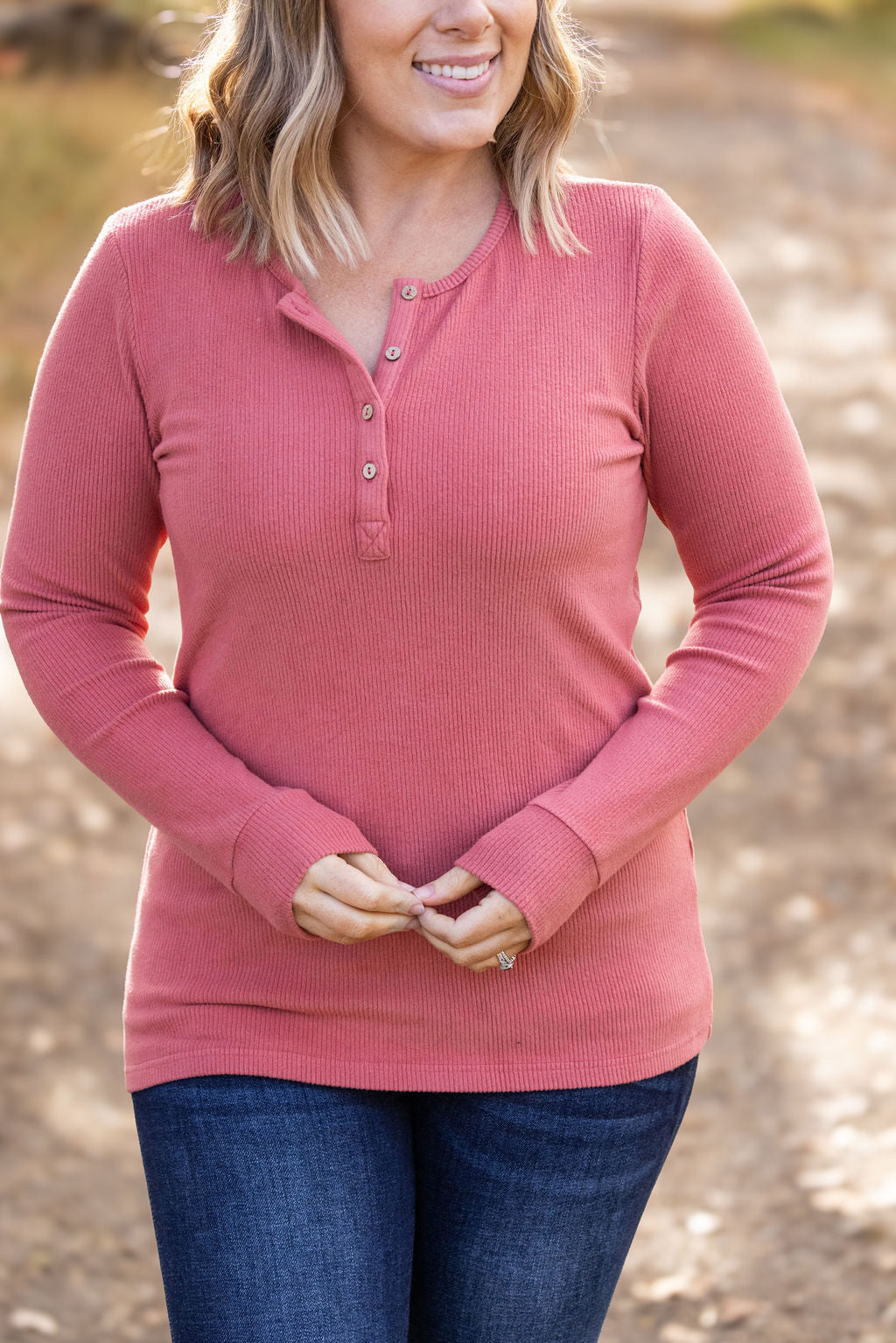 Brielle Henley Ribbed Long Sleeve - Terra Cotta