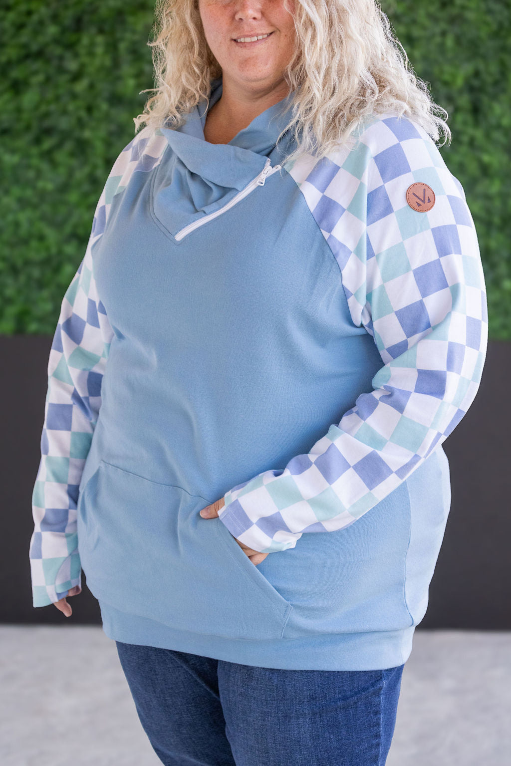 Zoey ZipCowl Sweatshirt - Blue and Mint Checker MM EXCLUSIVE