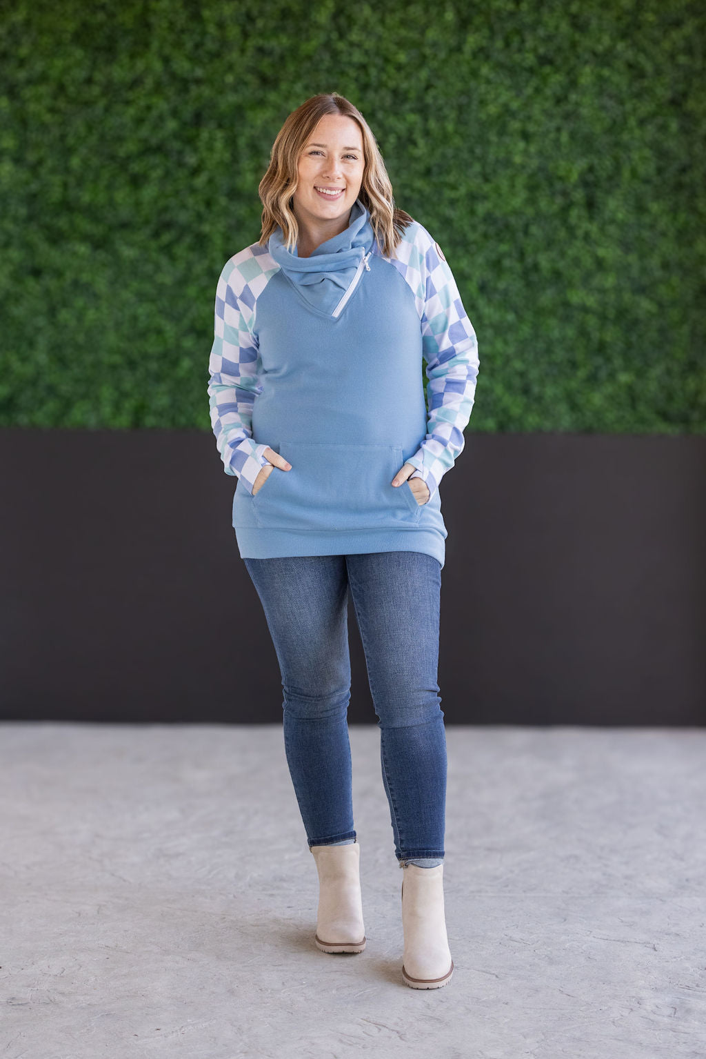 Zoey ZipCowl Sweatshirt - Blue and Mint Checker MM EXCLUSIVE