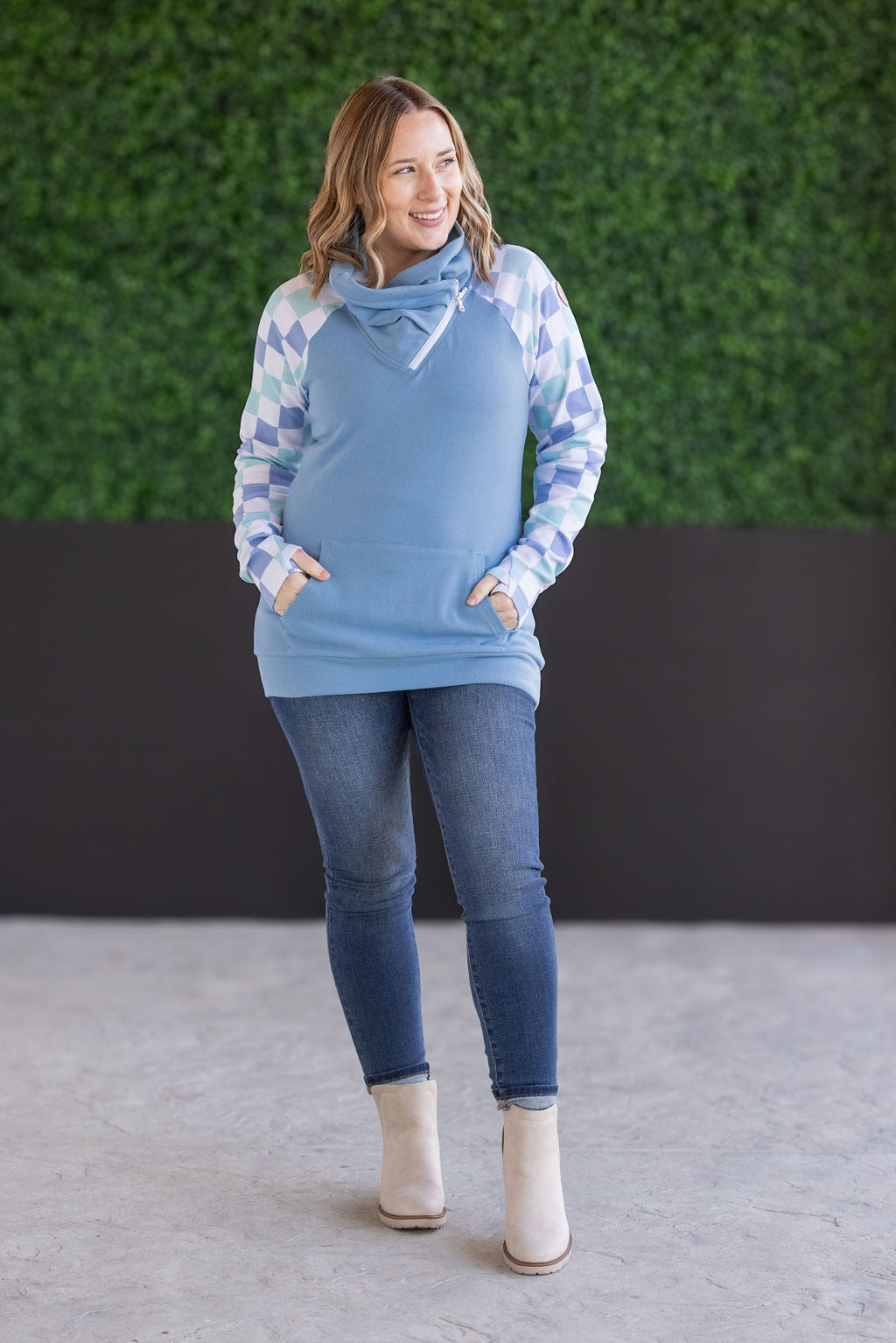 Zoey ZipCowl Sweatshirt - Blue and Mint Checker MM EXCLUSIVE