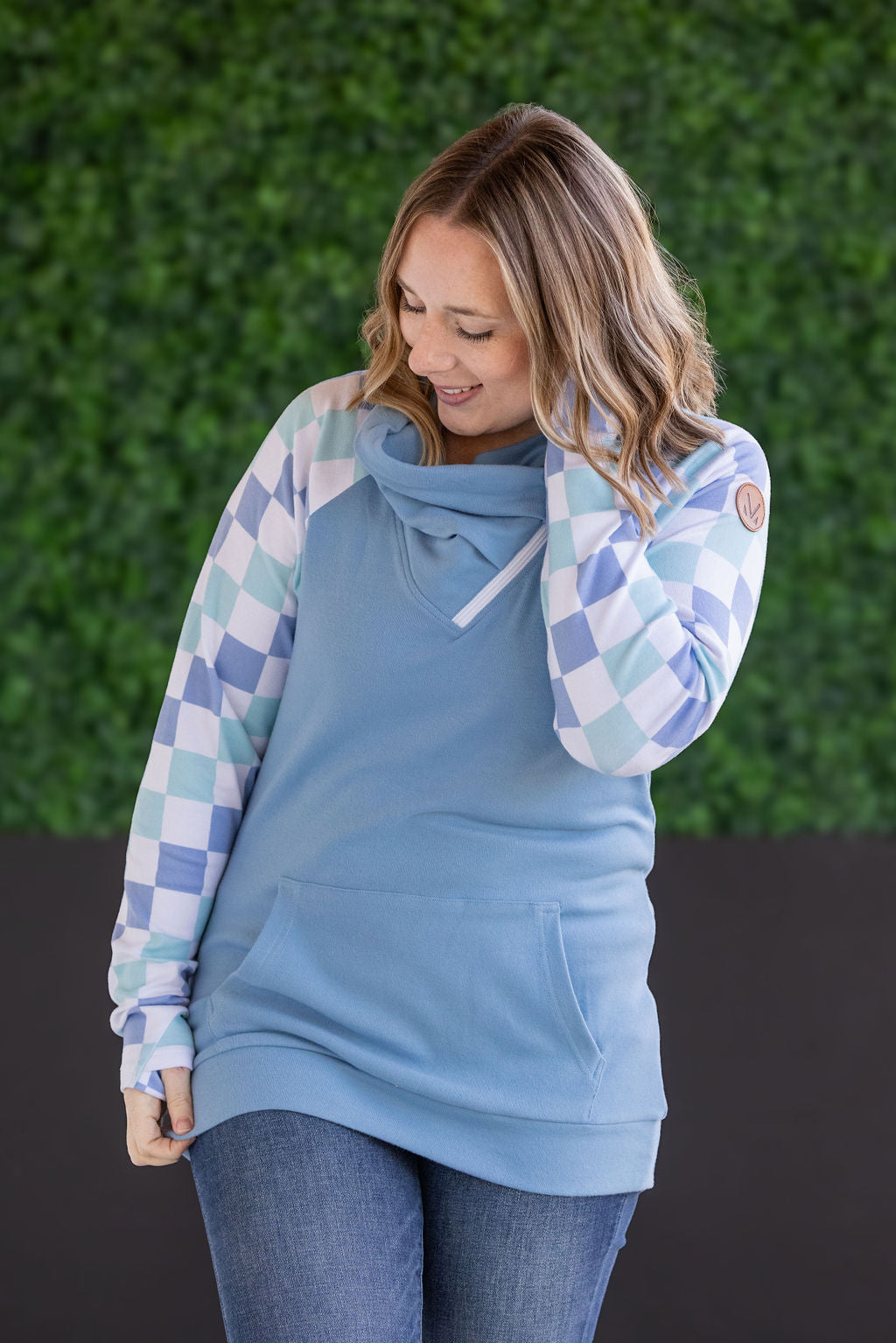 Zoey ZipCowl Sweatshirt - Blue and Mint Checker MM EXCLUSIVE