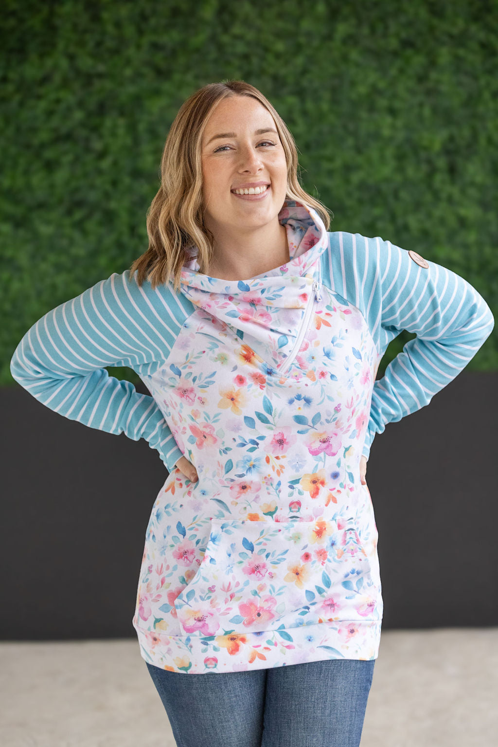 Zoey ZipCowl Sweatshirt - Watercolor Floral and Stripes