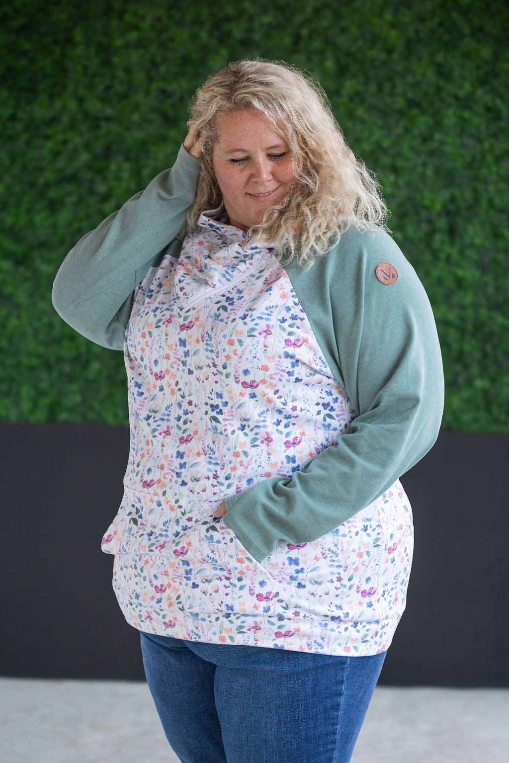 Zoey ZipCowl Sweatshirt - Sage and Floral Paradise