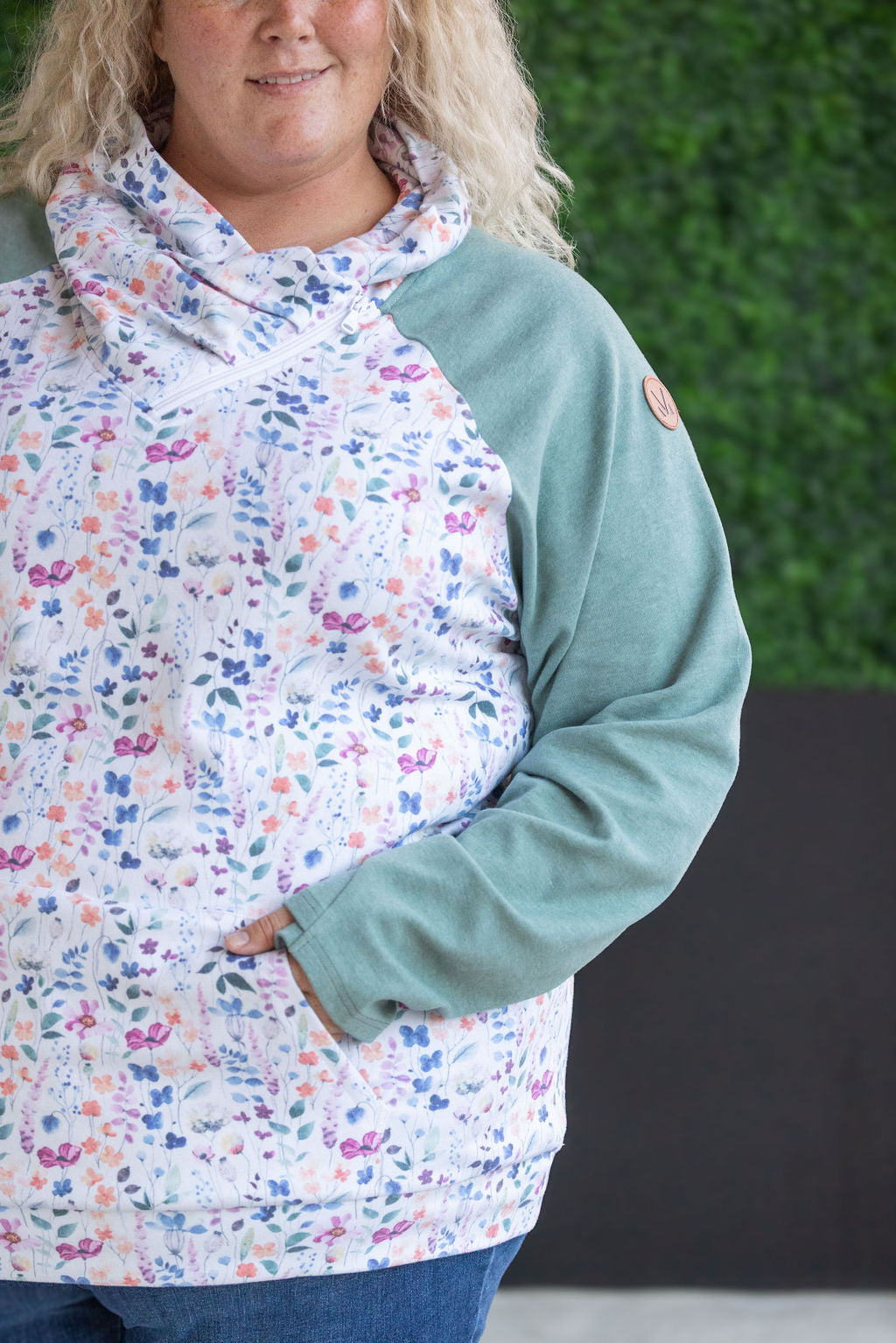 Zoey ZipCowl Sweatshirt - Sage and Floral Paradise