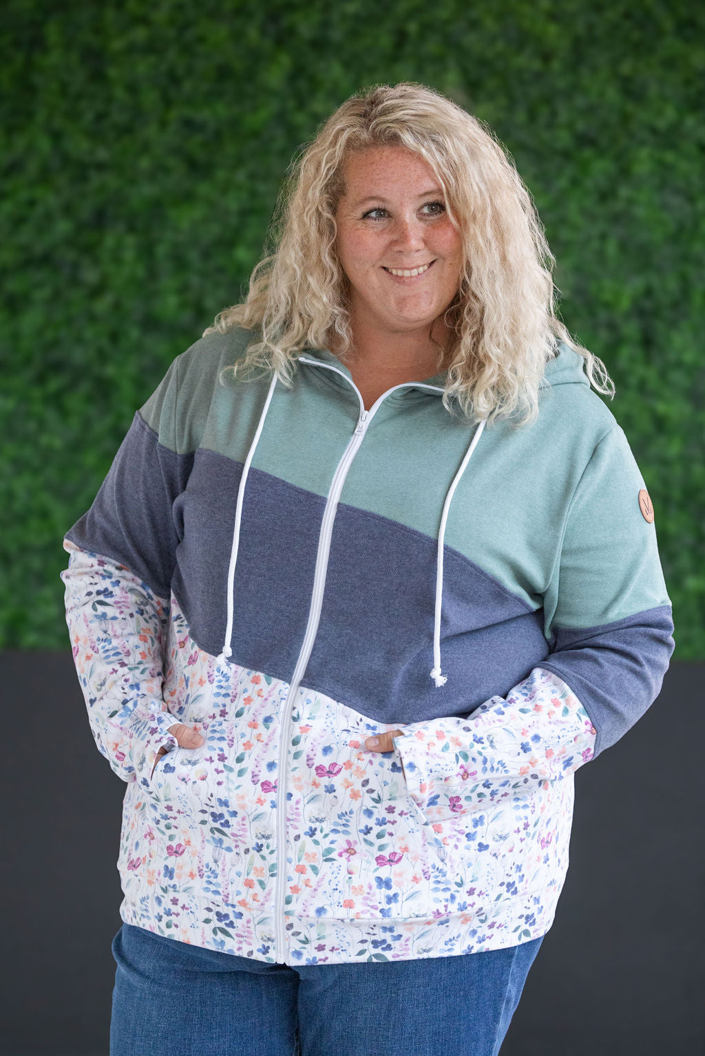 Colorblock Fullzip - Sage, Navy, Floral Paradise