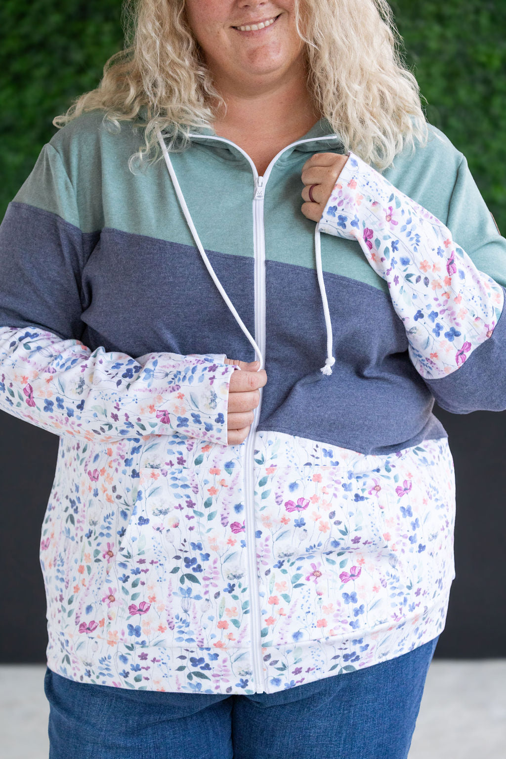 Colorblock Fullzip - Sage, Navy, Floral Paradise