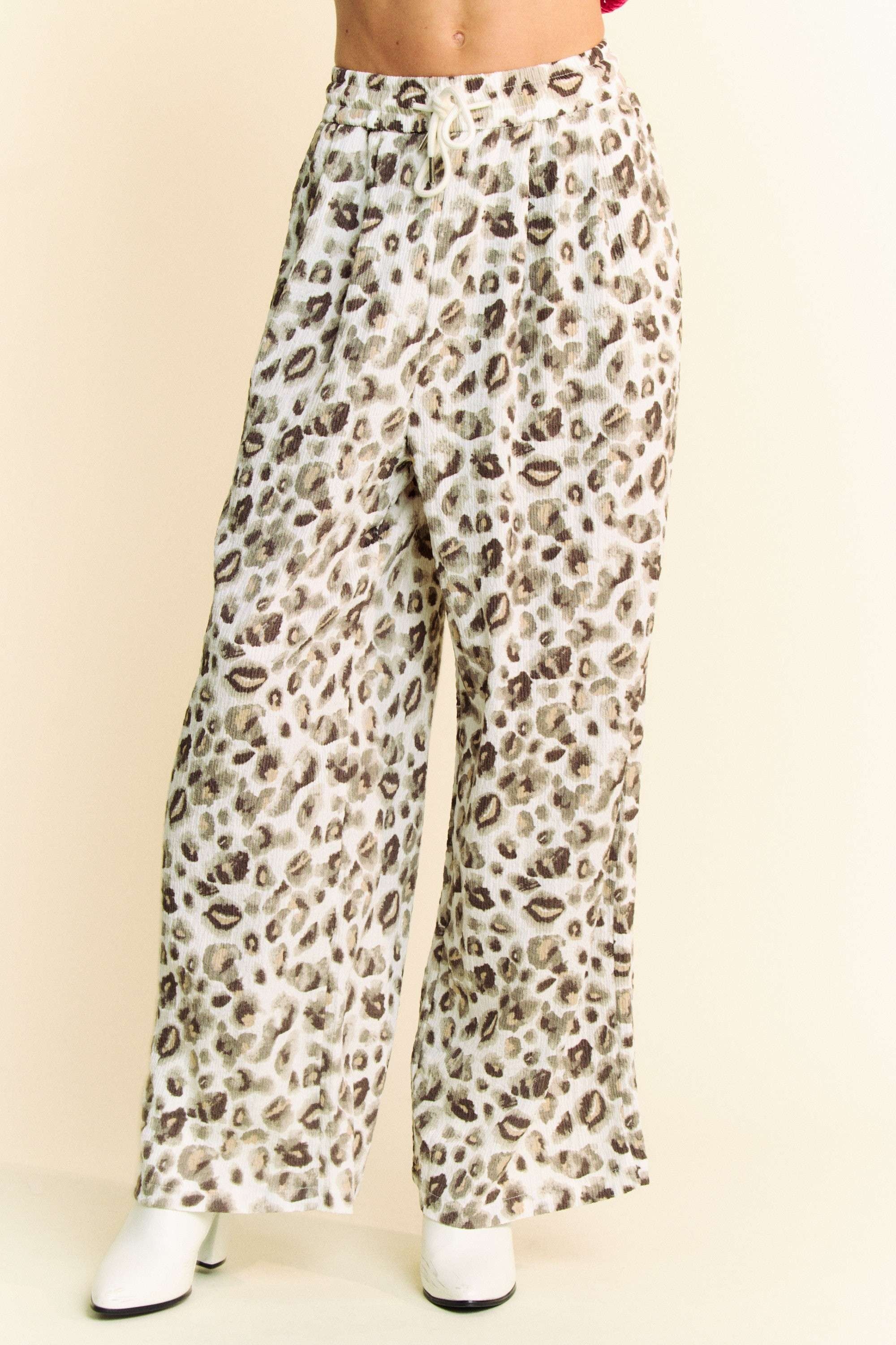 Davi & Dani Drawstring Leopard Wide Leg Pants