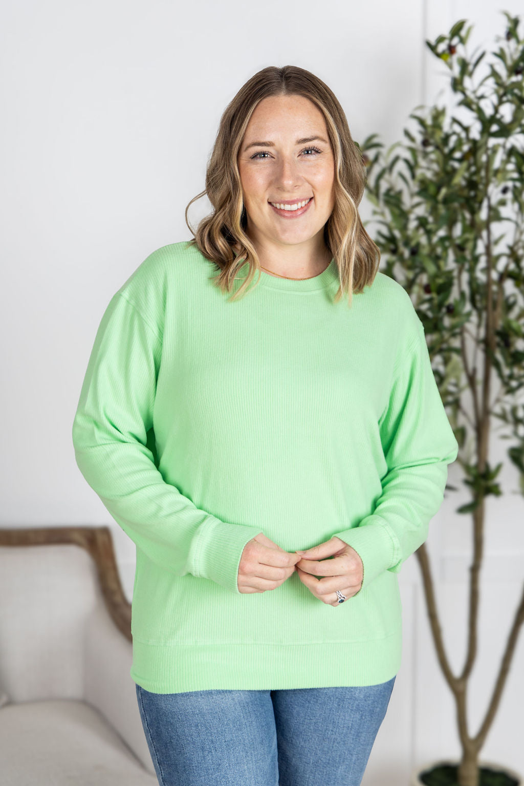 Corrine Ribbed Pullover Top - Lime