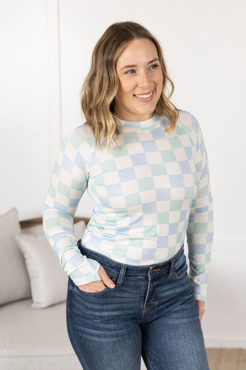 Blair Long Sleeve Top - Blue and Mint Checker MM EXCLUSIVE