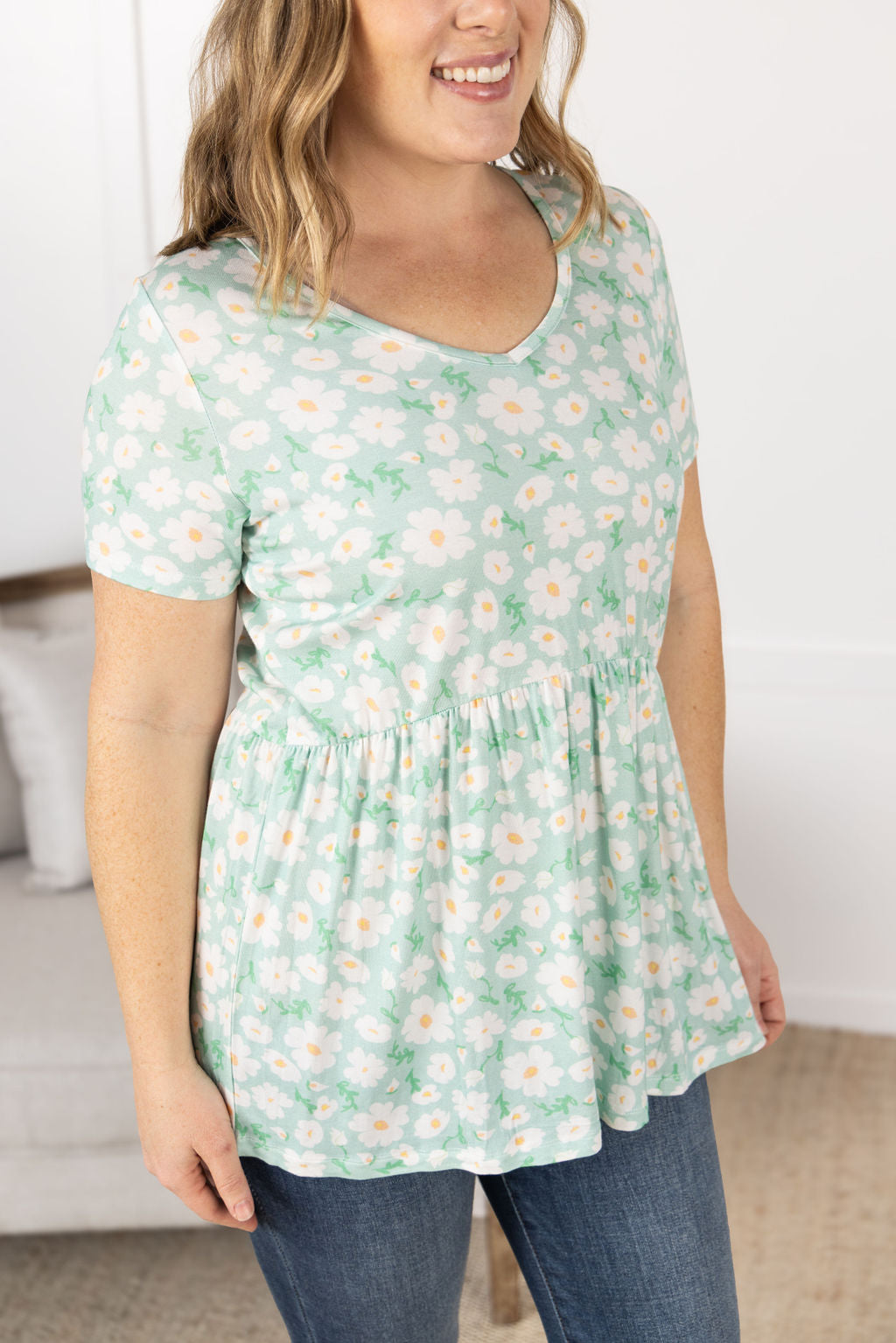 Sarah Ruffle Short Sleeve - Green Floral