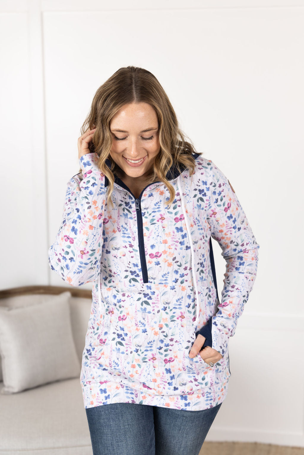 HalfZip Hoodie - Floral Paradise and Navy