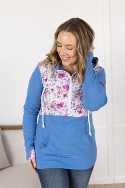 HalfZip Hoodie - Pink and Periwinkle Abstract Floral and Blue