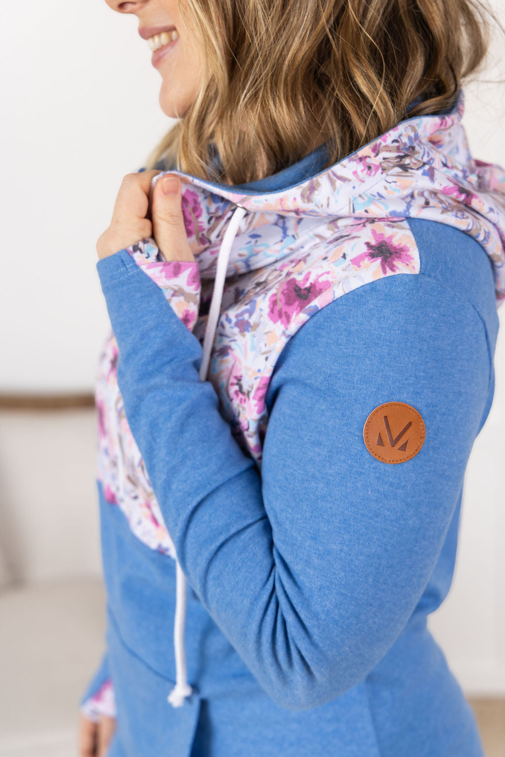 HalfZip Hoodie - Pink and Periwinkle Abstract Floral and Blue