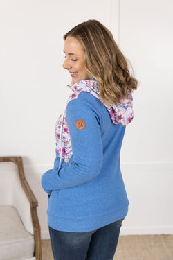 HalfZip Hoodie - Pink and Periwinkle Abstract Floral and Blue