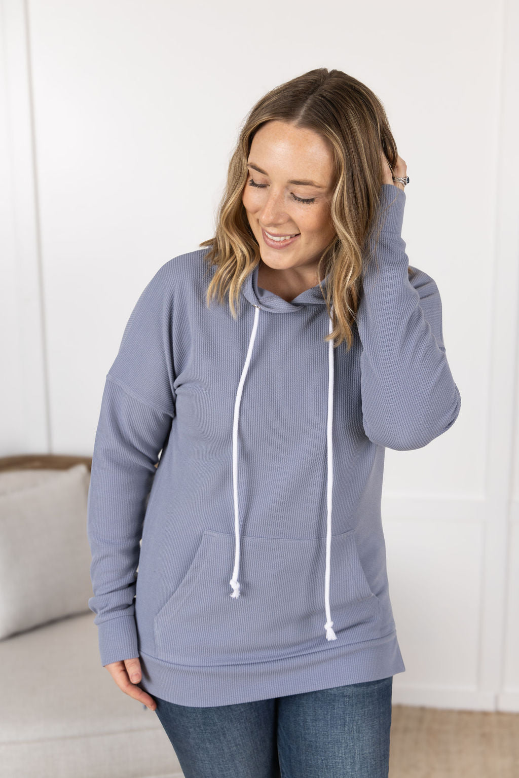 Kacey Ribbed Hoodie - Dusty Blue