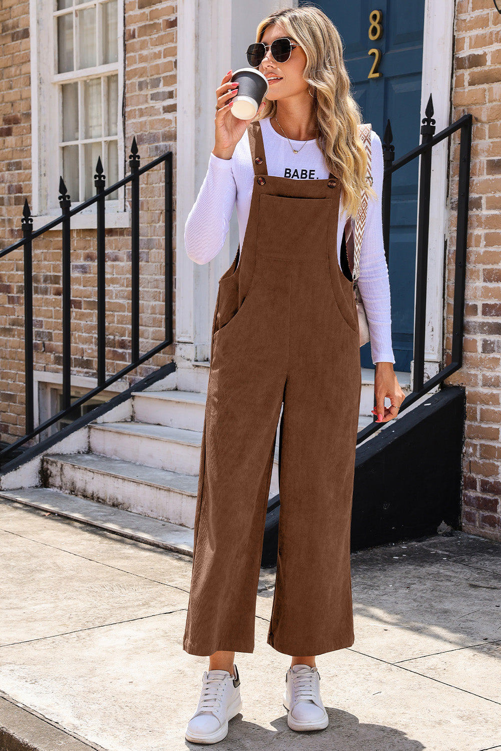 Solid Corduroy Wide Leg Bib Overalls