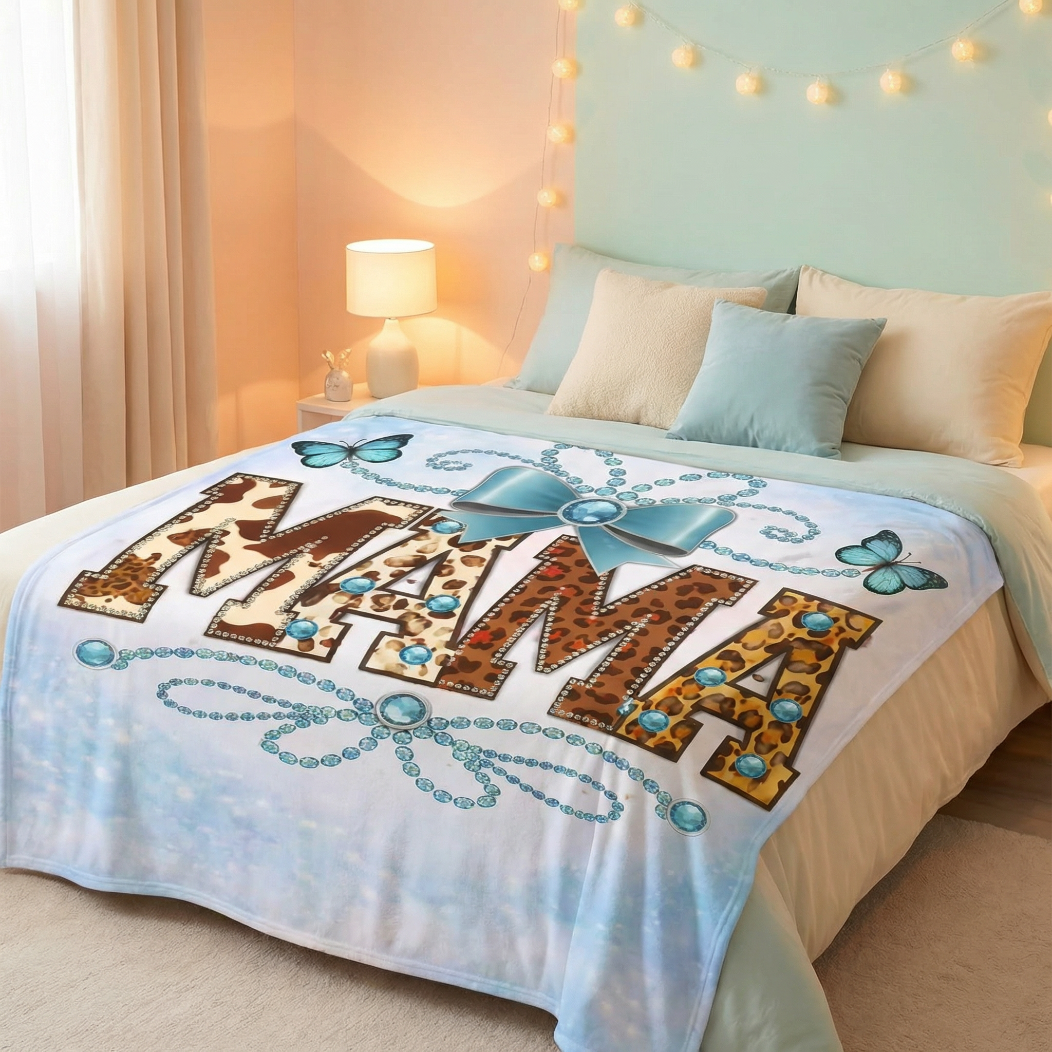 Blanket with 'MAMA' text on a bed in a bedroom setting