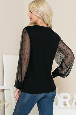 Mesh Dot Puff Sleeve Knit Top