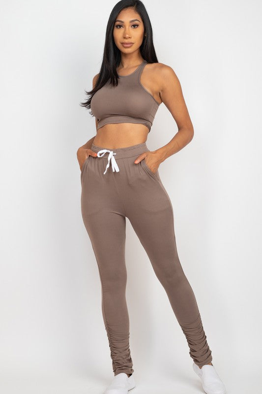 Crop Top & Ruched Drawstring Pants Set