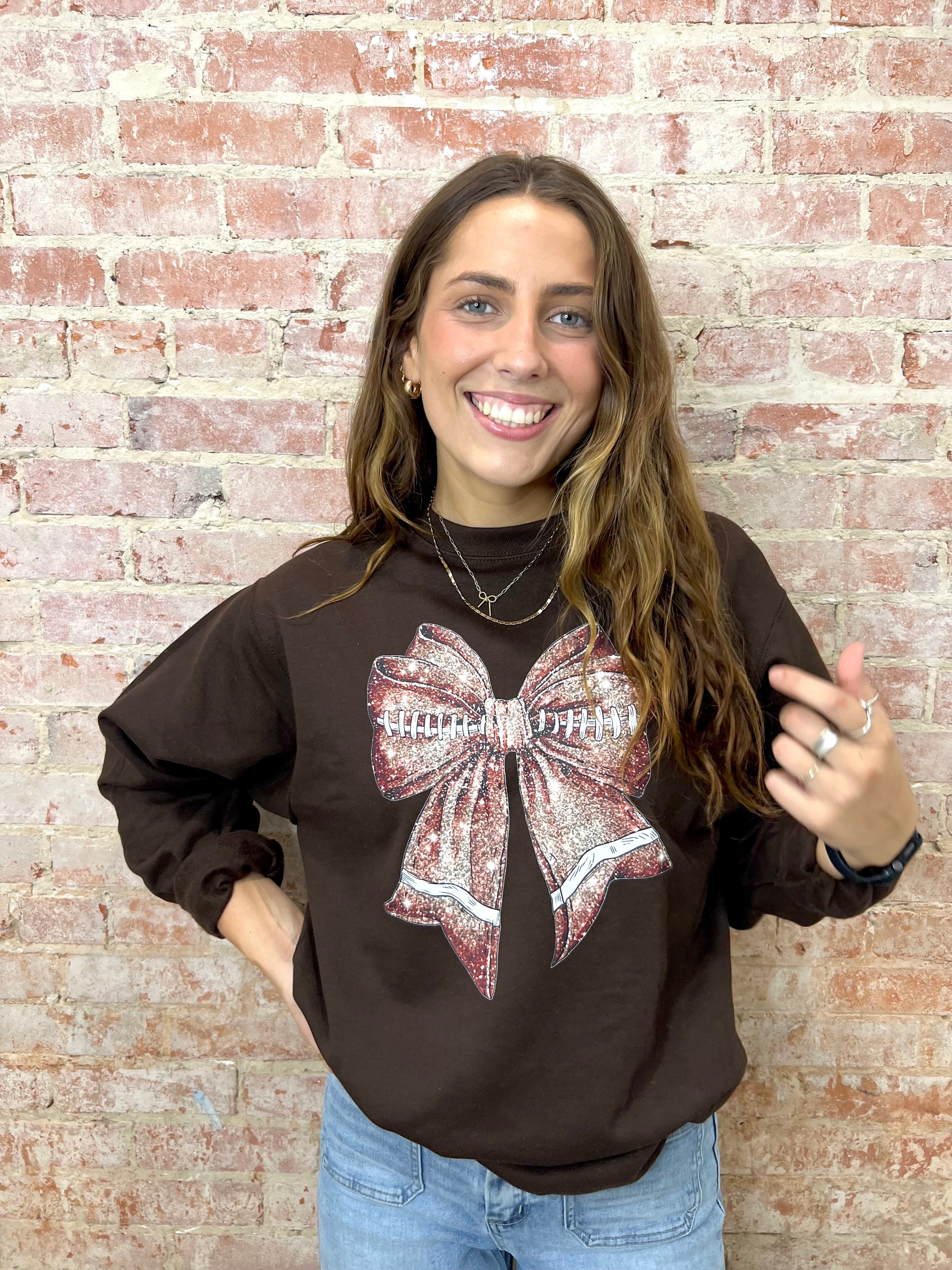 Sparkle Football Bow Graphic Tee and Sweatshirt
