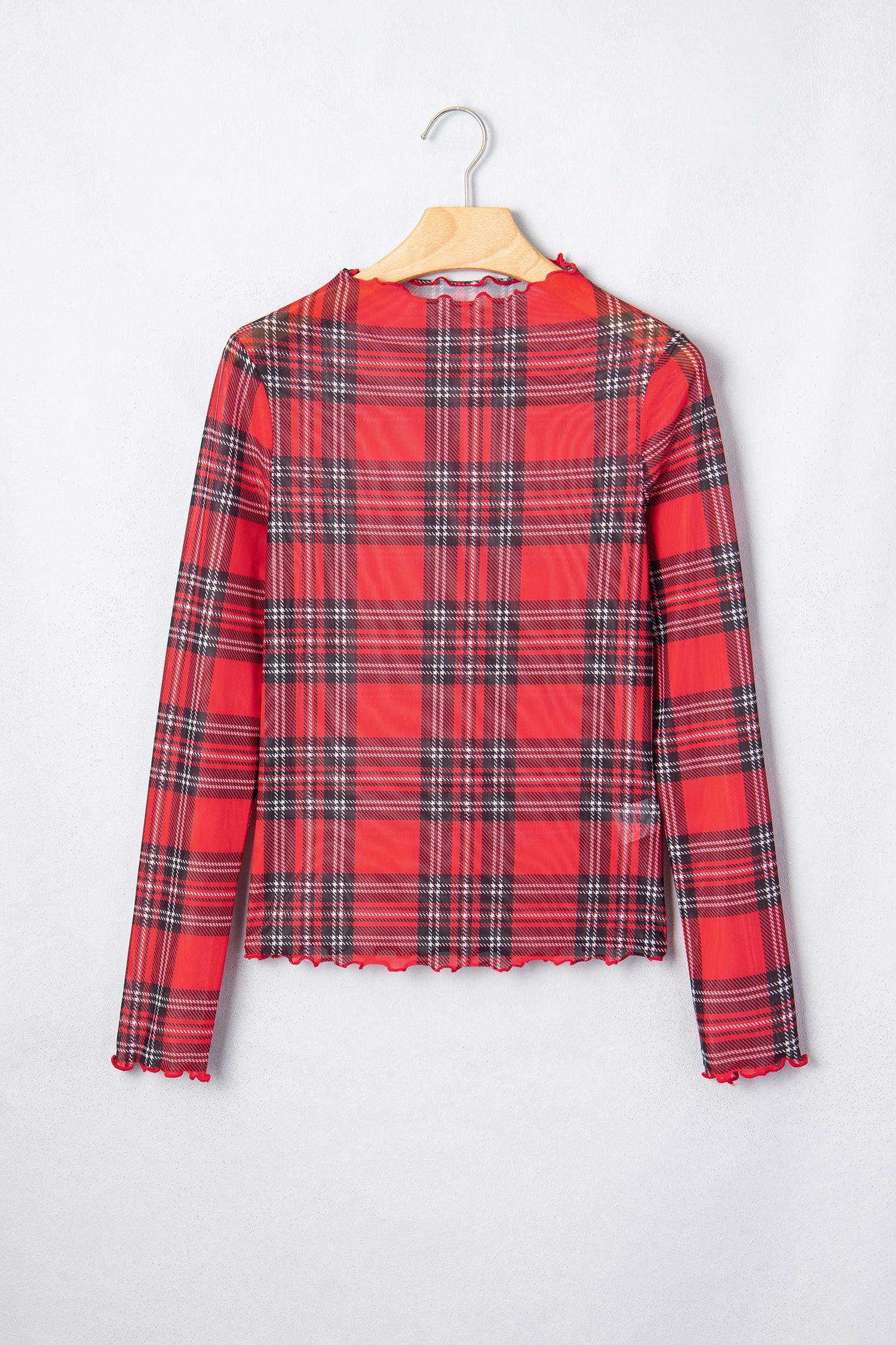 Plaid Mesh Lettuce Trim Long Sleeve Top
