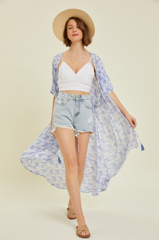 Tropical Print Gauze Kimono with Elastic Waist Tie in Periwinkle