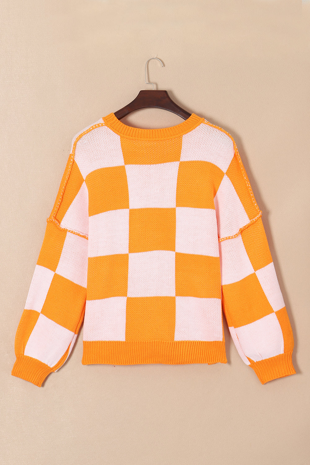 Checker Exposed Seam Drop Shoulder Long Sleeve Sweater