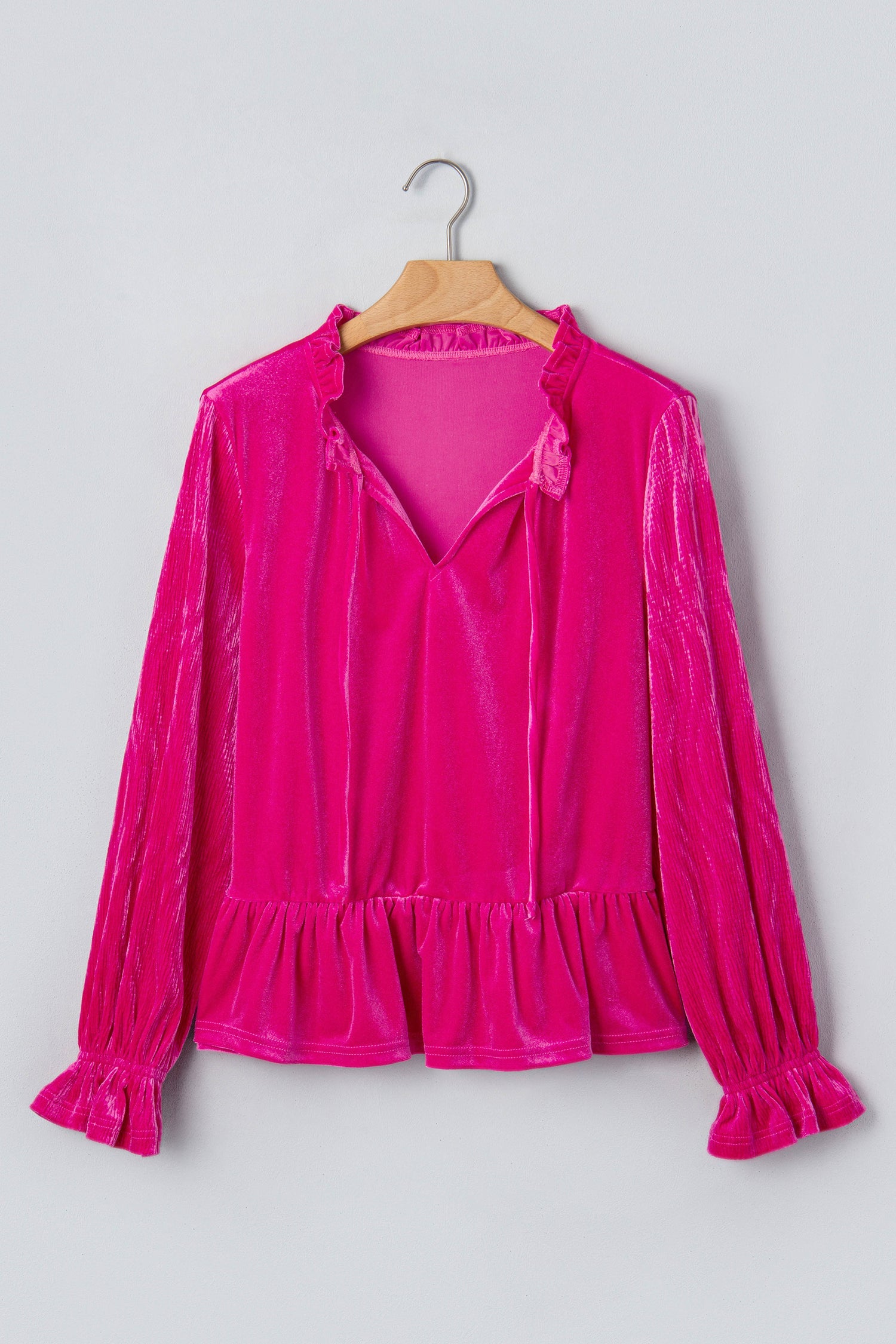 Solid Velvet V-Neck Ruffle Cuff Long Sleeve Top