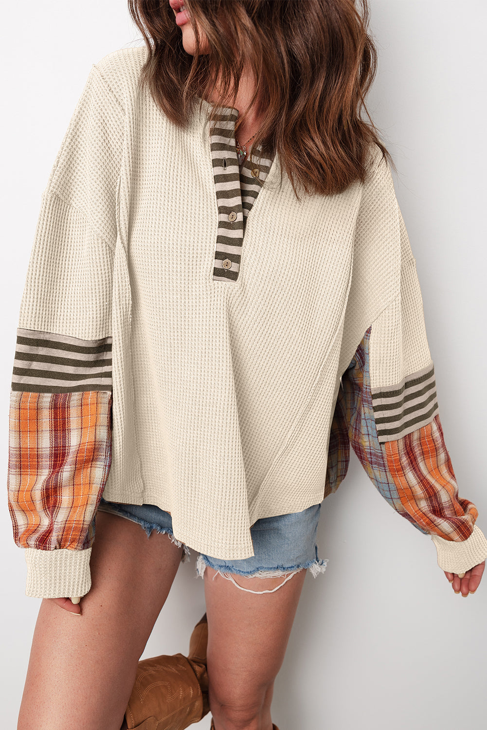 Waffle Plaid Knit Top