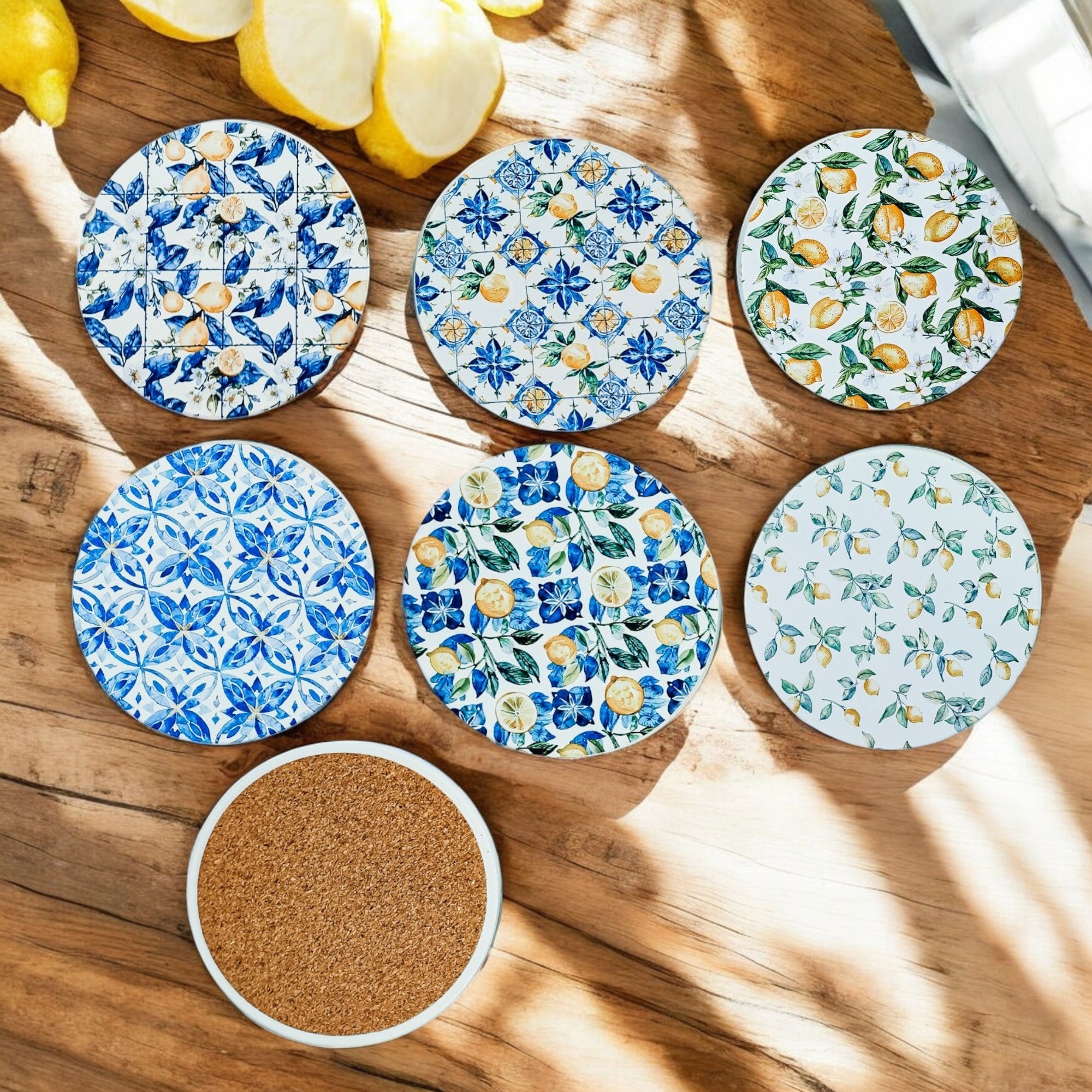 farmhouse chic ceramic coasters Mediterranean lemon design luxury blue yellow patterns cork back
