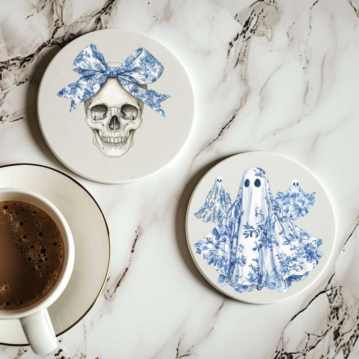Blue and white Halloween coasters on dark wooden coffee table
Elegant Halloween party setup featuring chinoiserie skull coasters