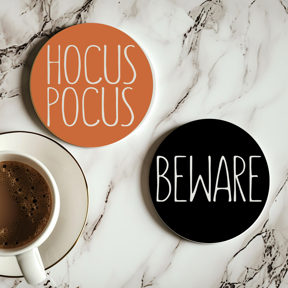 Drink Up Witches purple ceramic coaster for Halloween parties
Feeling Wicked green Halloween coaster with cork protection
Complete set of Halloween saying coasters in multiple colors