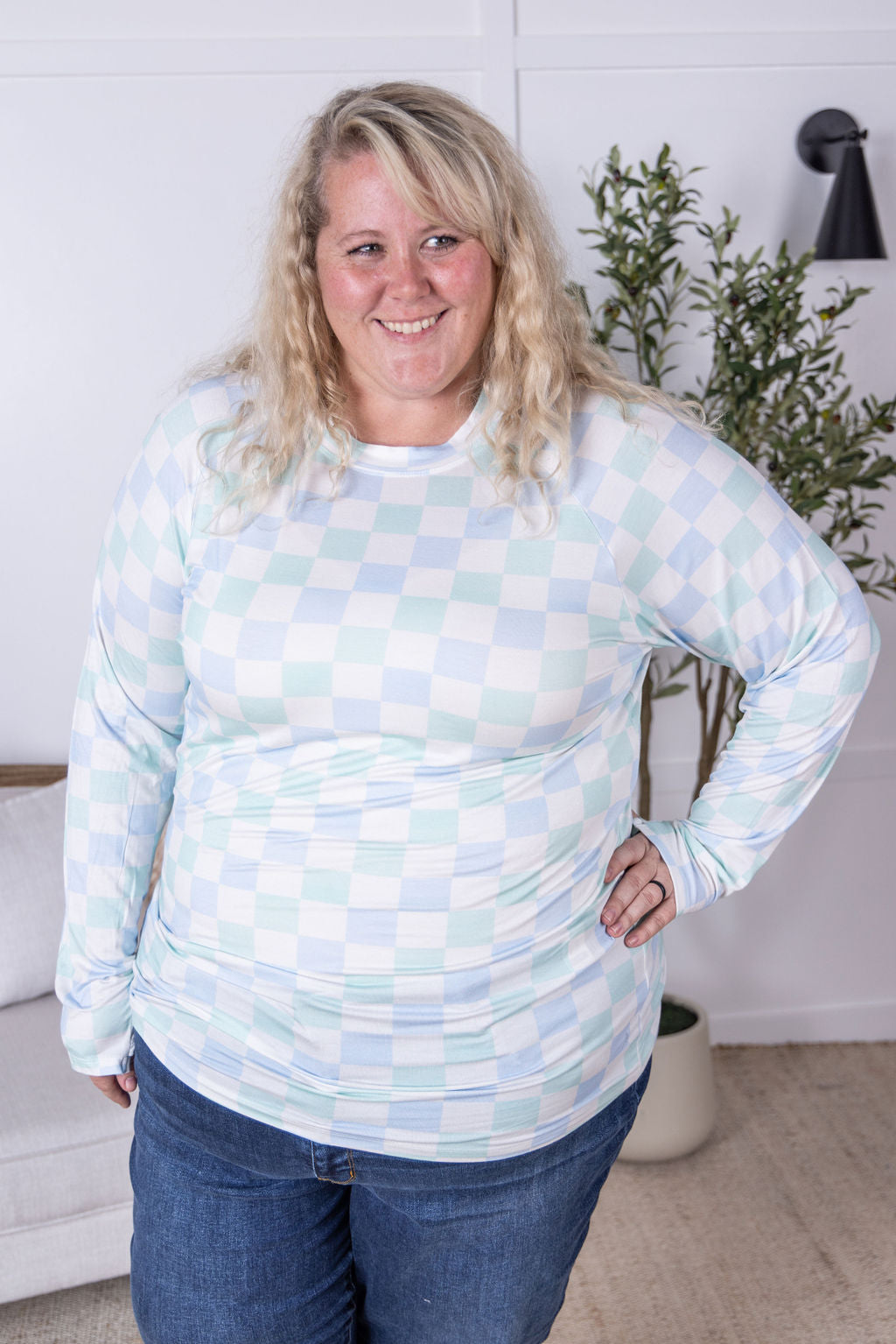 Blair Long Sleeve Top - Blue and Mint Checker MM EXCLUSIVE