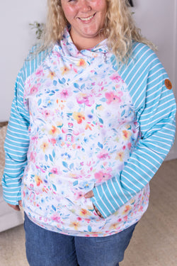 Zoey ZipCowl Sweatshirt - Watercolor Floral and Stripes