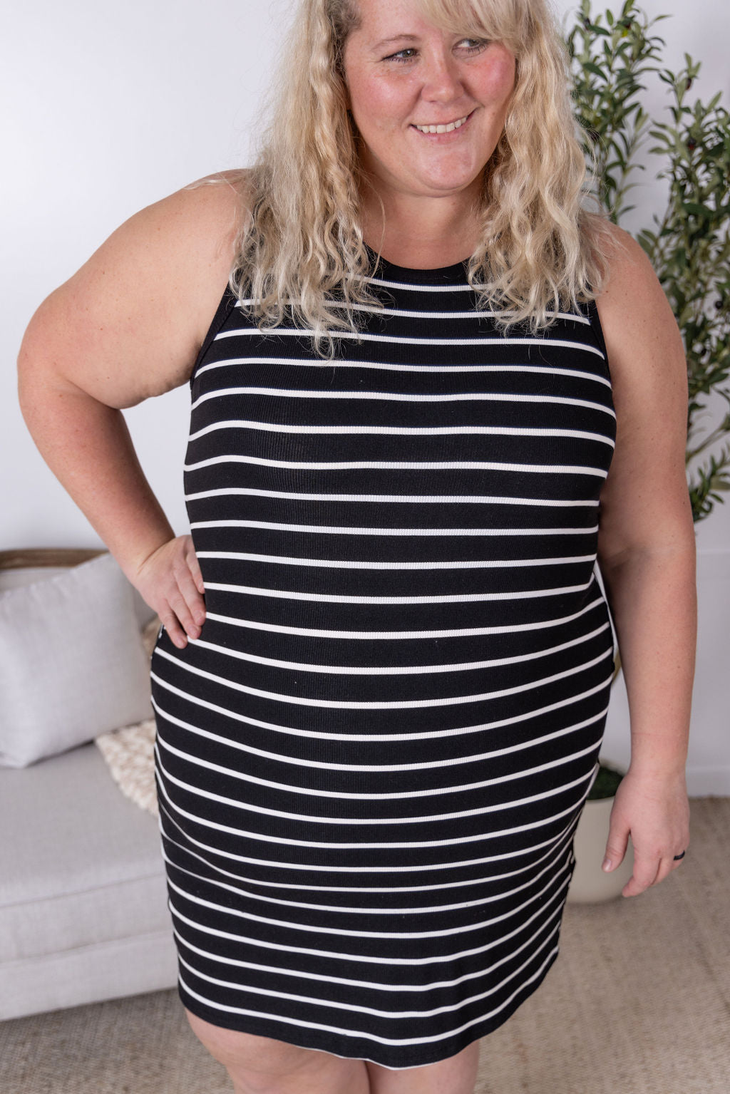 Mariah Ribbed Dress - Black Stripes