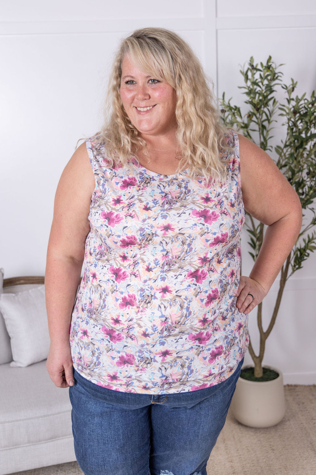 Ava Tank - Pink and Periwinkle Abstract Floral