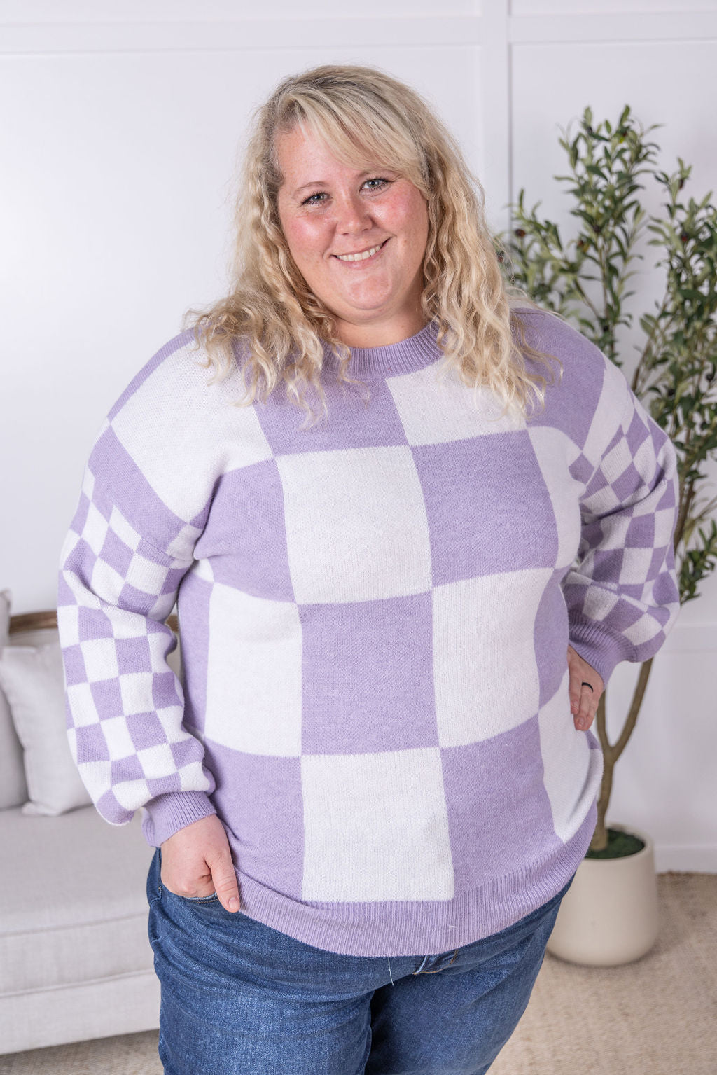 Checkered Pullover Sweater - Lavender