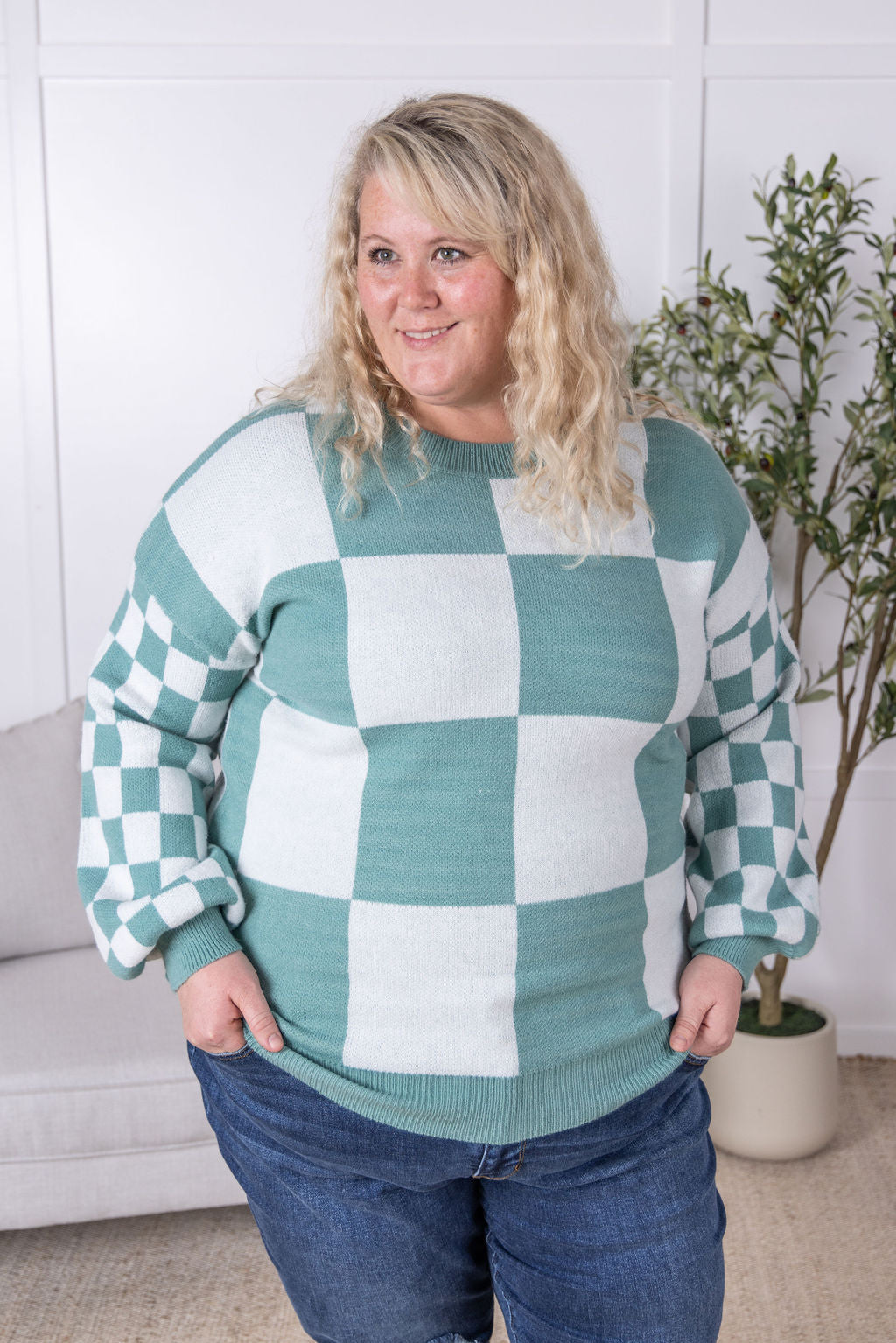 Checkered Pullover Sweater - Dusty Jade